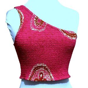 House of Harlow 1960 Smocked One Shoulder Boho Crop Top Hot Pink Cotton Sz M